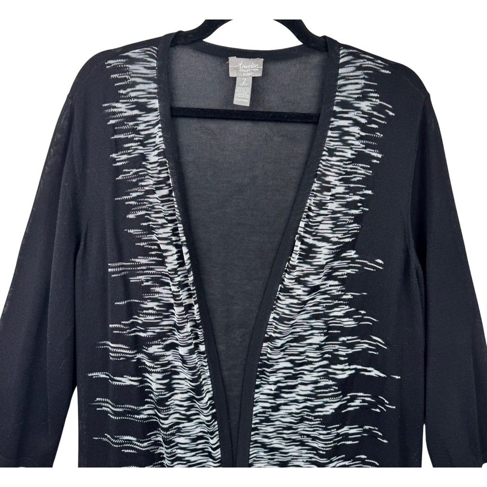 Chicos Travelers Cardigan Womens 2 Large Black White Abstract Open Front - Picture 4 of 9